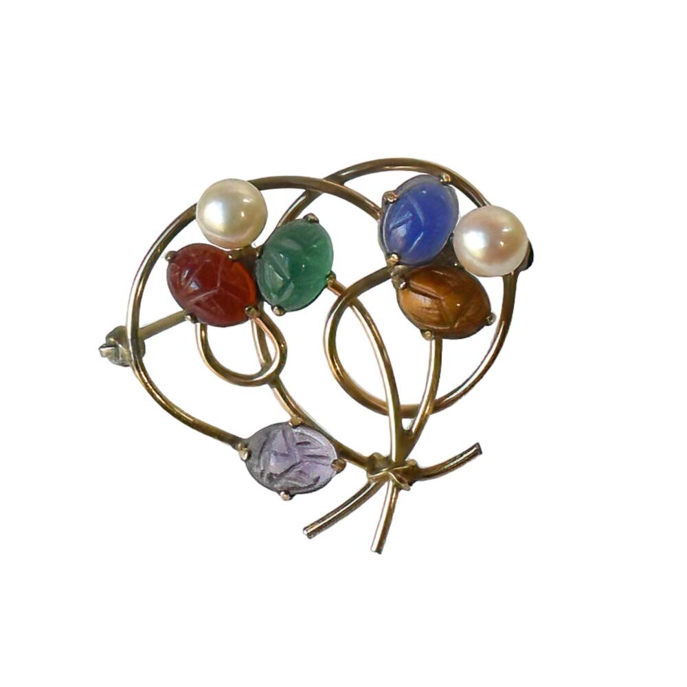 1960s WRE 1/20 12K GF Egyptian Revival Scarab & Pearls Curves Swirls Pin Brooch